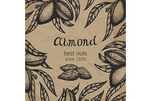 Almond tree design template. Almond branch hand drawn almond fruit, flowers and leaves sketch. Vintage floral background. Vector illustration.