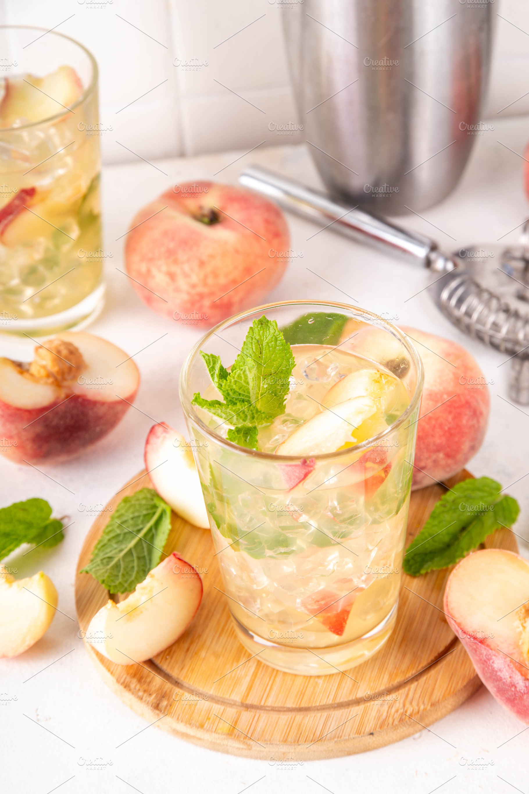 Flat chinese peach and lime lemonade, mojito cocktail, a Food & Drink Photo by Rimma