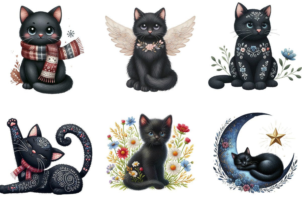 Embroidered Black Cats Clipart, an Illustration by DreamArtGraphic (Photo 2 of 4)