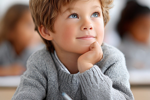 Thoughtful young boy sitting in, a School & Education Photo by MistyDay