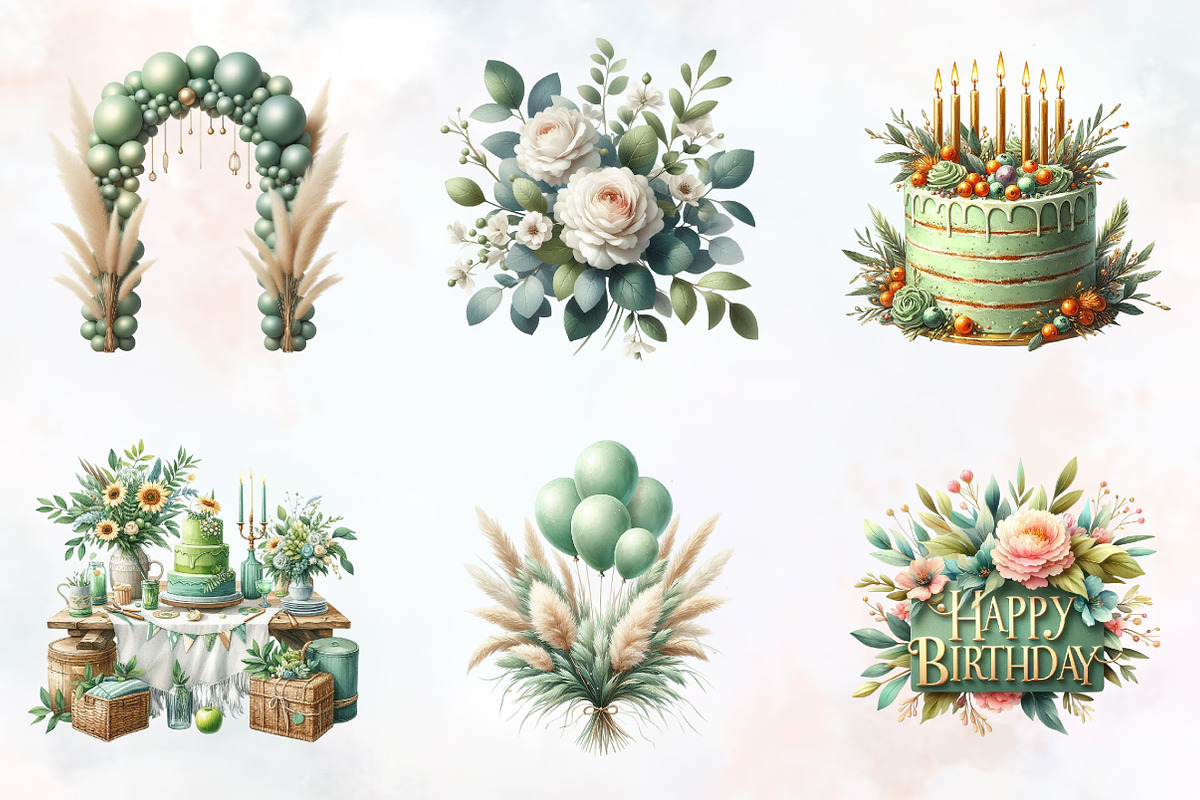 Boho Sage Green Birthday Clipart, an Illustration by RobertsArt (Photo 5 of 8)