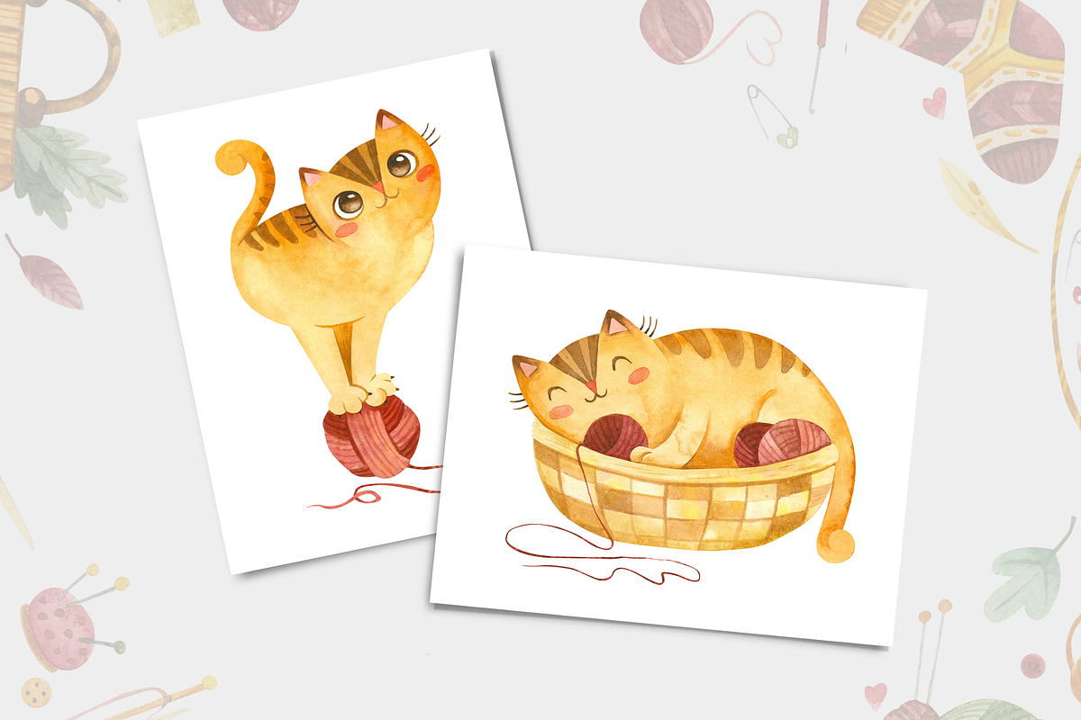 Watercolor Cute Cats & Knitting, a Graphic by Valin Malin (Photo 7 of 23)