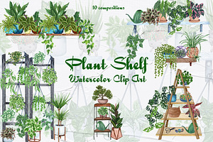 Houseplants Shelf Watercolor Clipart