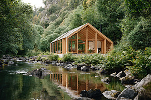Modern cabin in a serene rural landscape by a tranquil stream surrounded by lus, a Photo by AlyaAnd