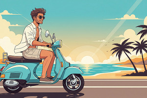 Man on Blue Scooter Rides Coastal Ro, a Transportation Photo by angellodeco