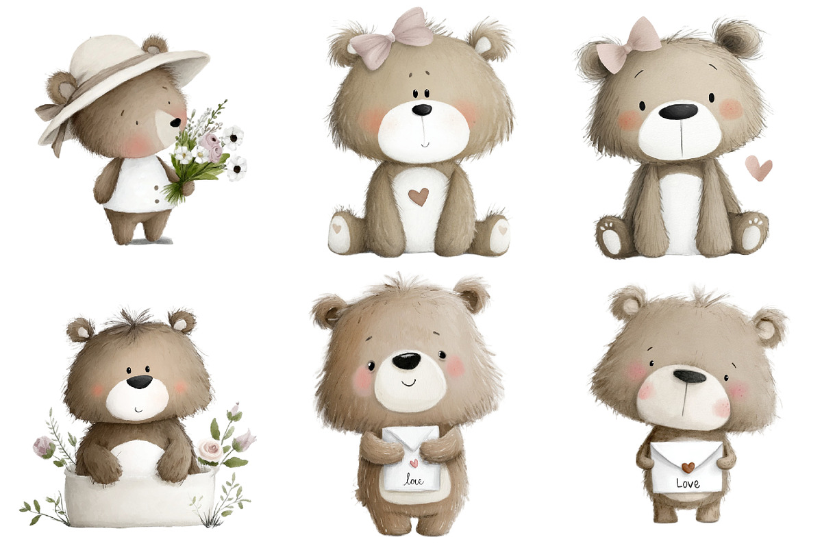 Watercolor Valentine Teddy Bears, an Illustration by Designworld (Photo 6 of 6)