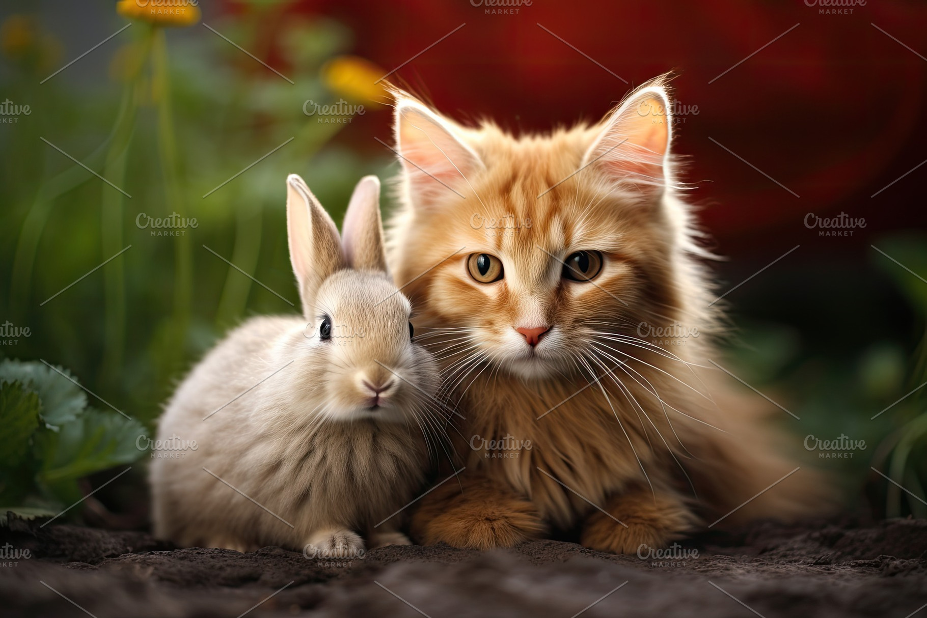 Little kitten and a rabbit touching each other on green plants background, an Animal Photo by zakiroff