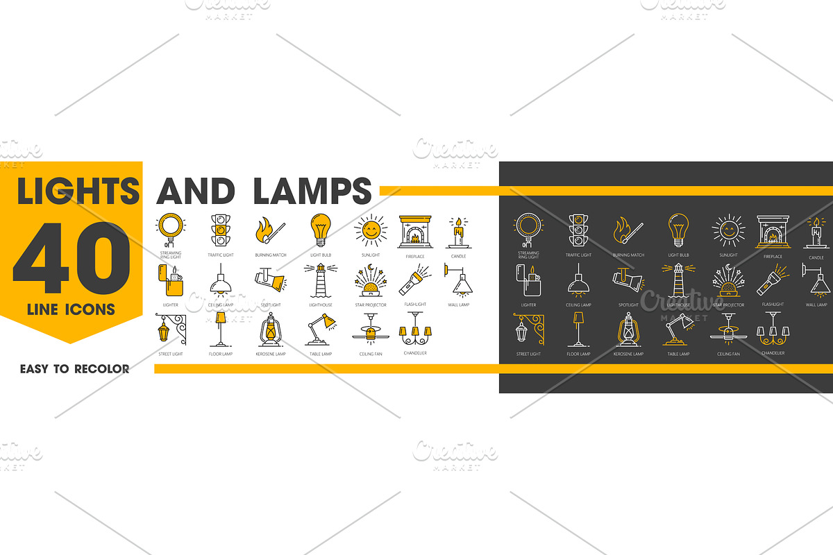Lights and lamps outline icons, a Technology Illustration by Vector Tradition