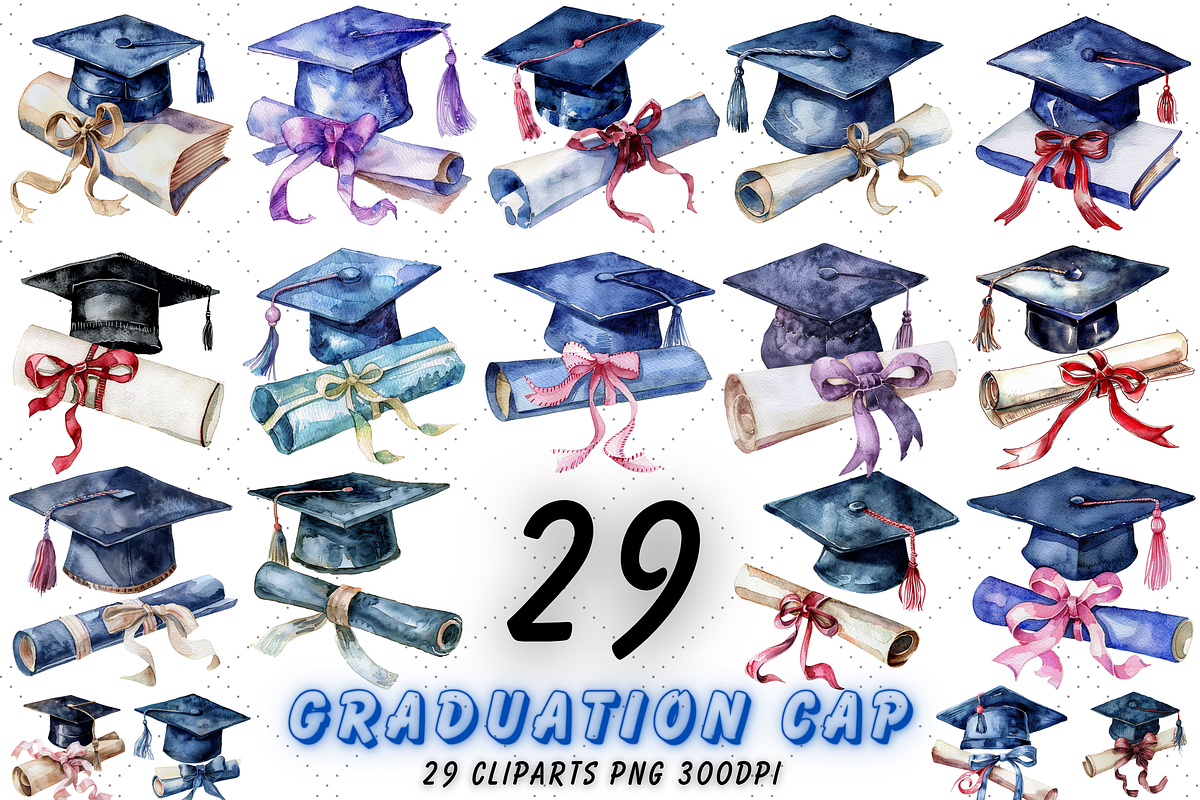 Watercolor Graduation Hat Clipart, an Education Illustration by FloridPrintables (Photo 1 of 4)