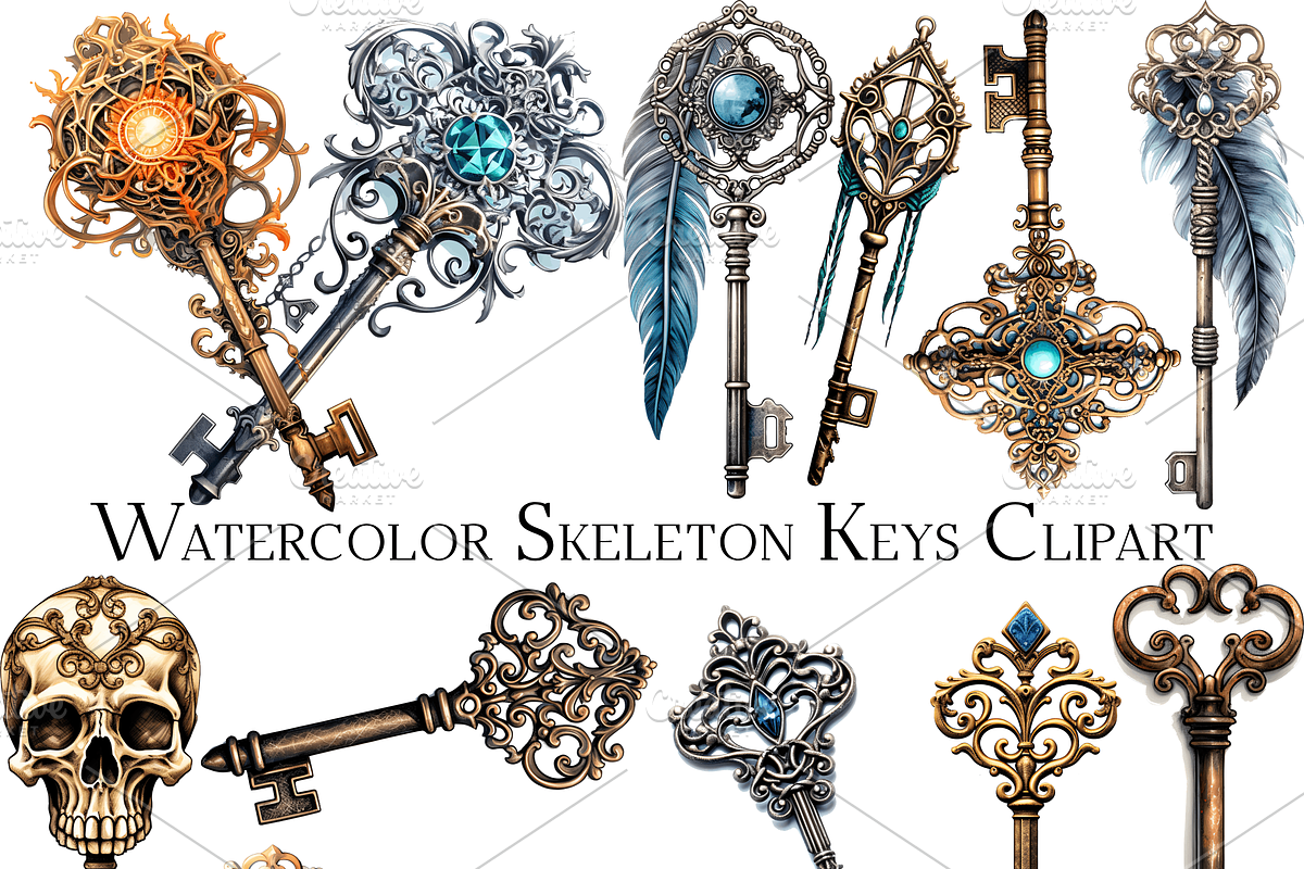 Watercolor Skeleton Keys Clipart, an Object Graphic by ArtisticTimberStudio (Photo 1 of 2)