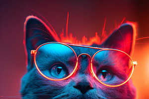 Hipster Cat With Laser Eyes In Futuristic Style