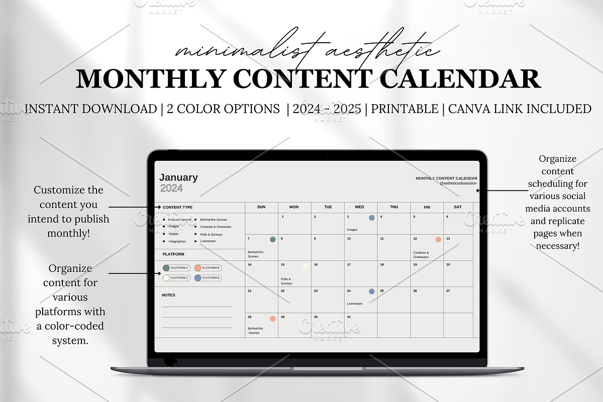 Digital Monthly Content Calendar, a Templates & Theme by AestheticsObsession
