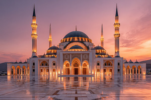 Majestic Mosque Sunset Glow Illumina, a Photo by Pixeness Studio
