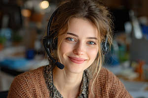 Smiling woman wearing headset in off, a Photo by Pixeness Studio