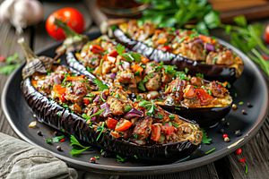 Eggplant stuffed with vegetables and meat on wooden table, a Food & Drink Photo by AlyaAnd