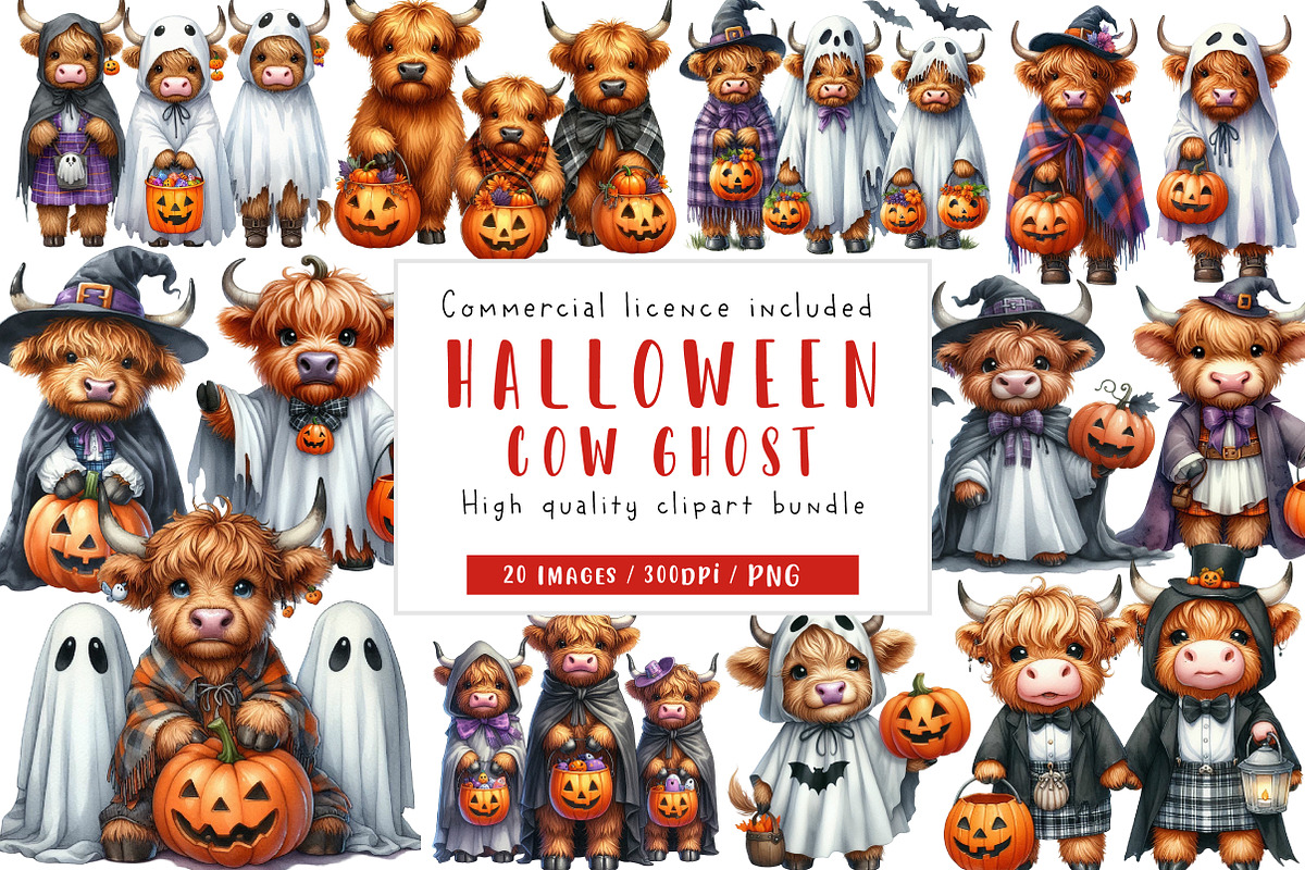Halloween Highland Cow Ghost Clipart, an Illustration by CreationArt (Photo 1 of 5)