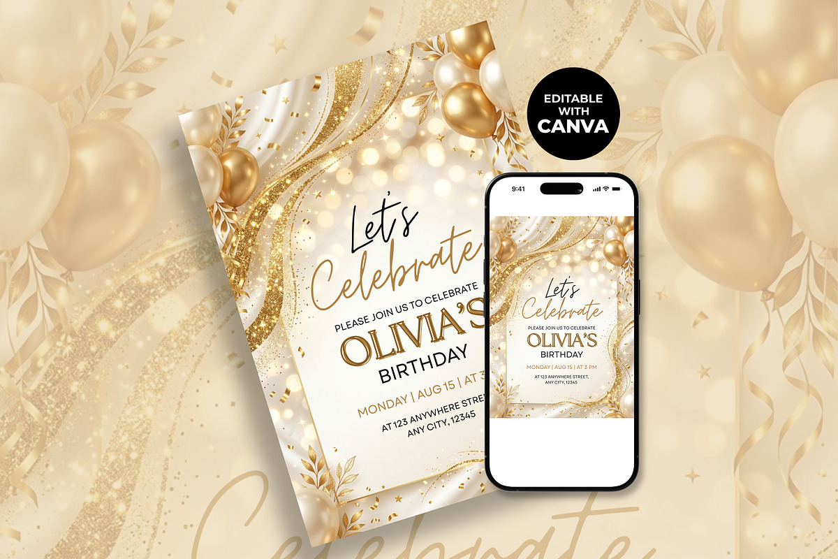 Gold Birthday Invitation Template, an Invitation Template by M9 Design (Photo 2 of 4)