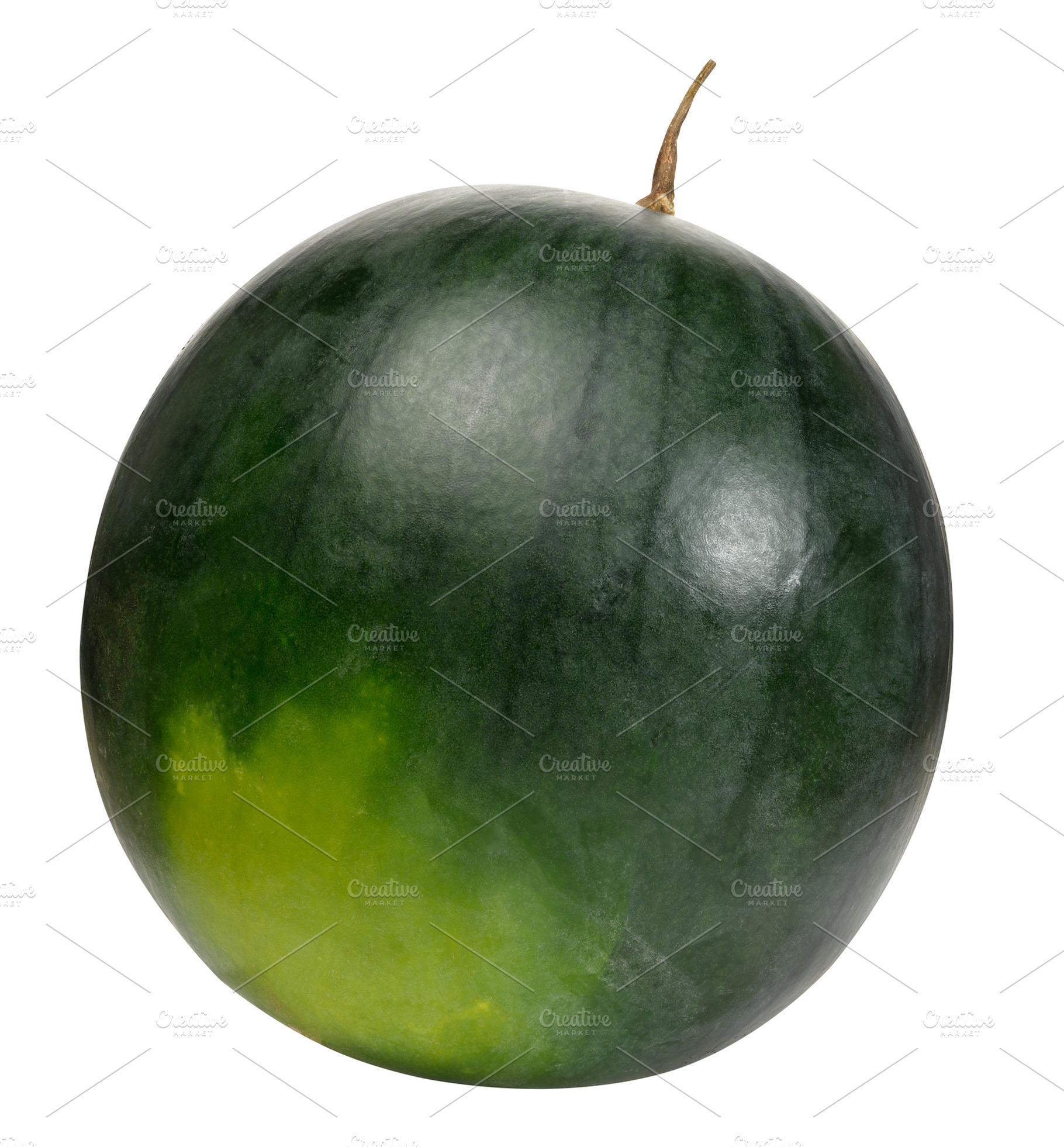 A whole round dark watermelon with a tail and a yellow side on a, a Food & Drink Photo by ndanko