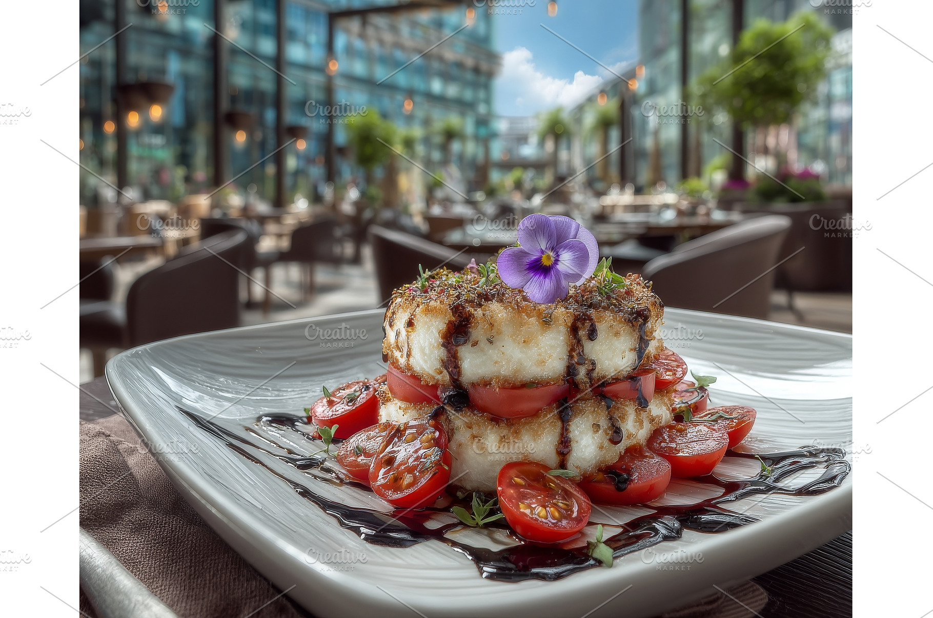 On a plate, a traditional caprese, a Food & Drink Photo by ZinetroN