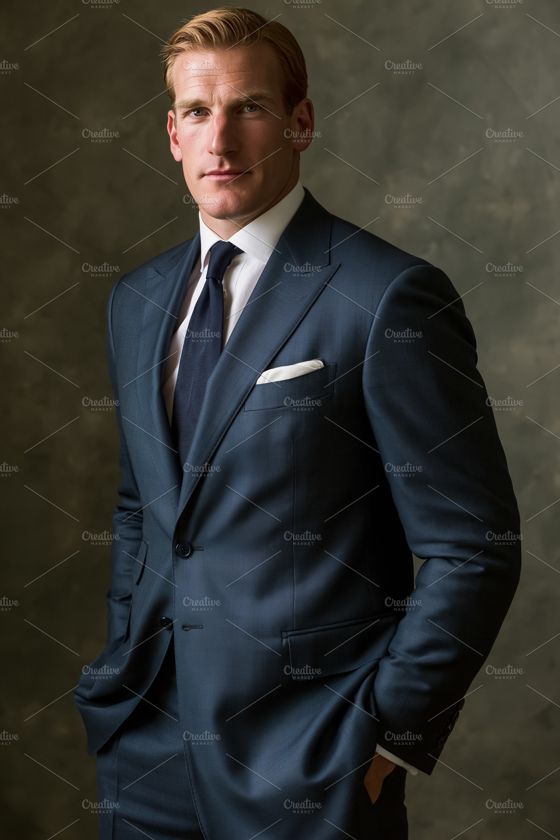 Professional businessman standing in a blue suit, exuding corpor, a Person Photo by Studio ANNA
