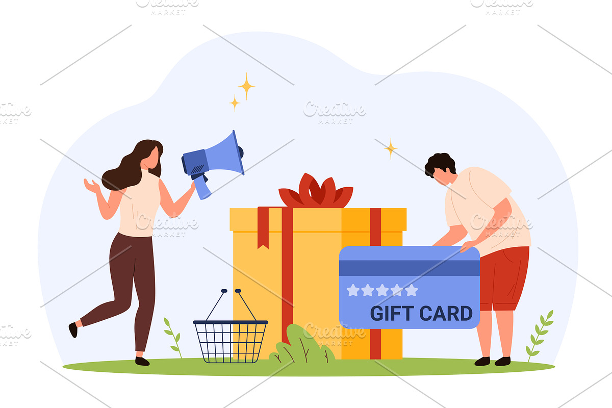 People promoting big gift card, an Object Illustration by Flashvector