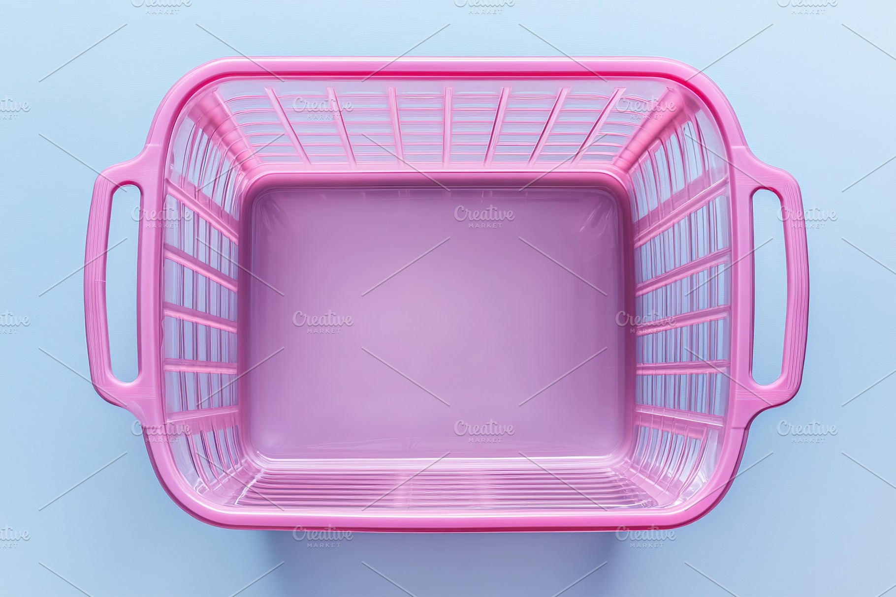 Flat lay of plastic shopping basket on blue background, a Photo by AlyaAnd
