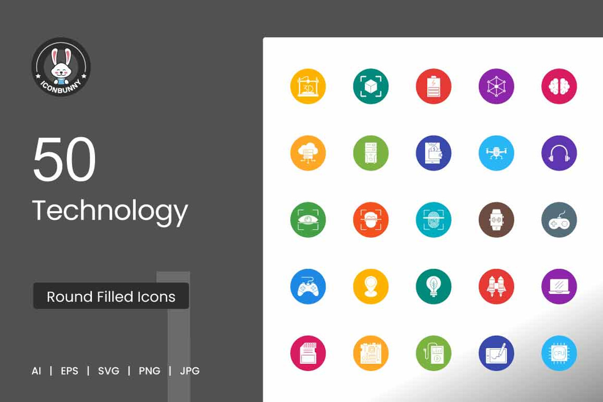 50 Technology Flat Round Icons, an Icon by IconBunny (Photo 1 of 2)