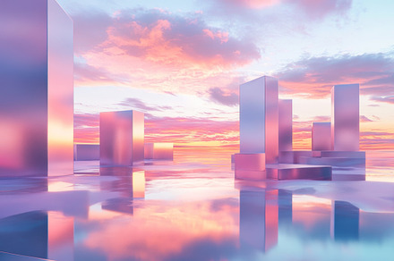 Futuristic Cityscape with Glass Towers at Sunset