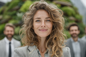 Confident businesswoman leading a sustainable team outdoors with green eco back, a Photo by AS photostudio