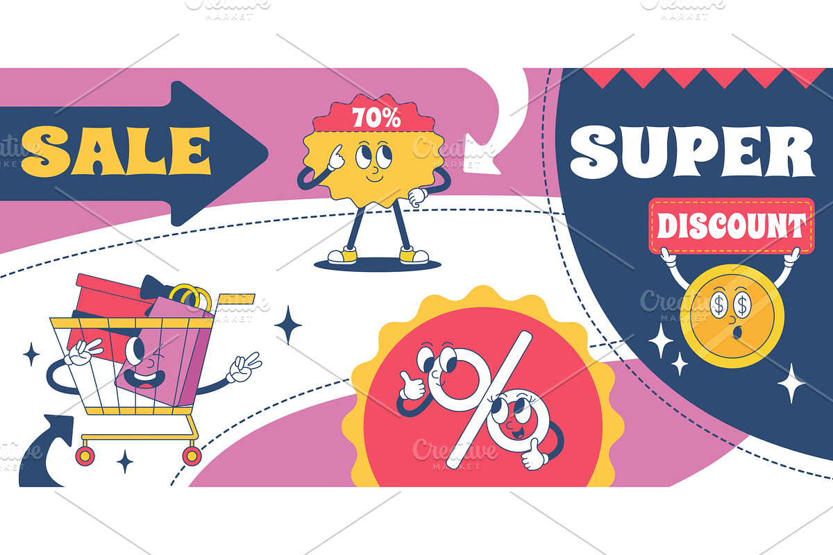 Retro sale banner. Groovy characters, a Finance Illustration by Valerie Bodnar