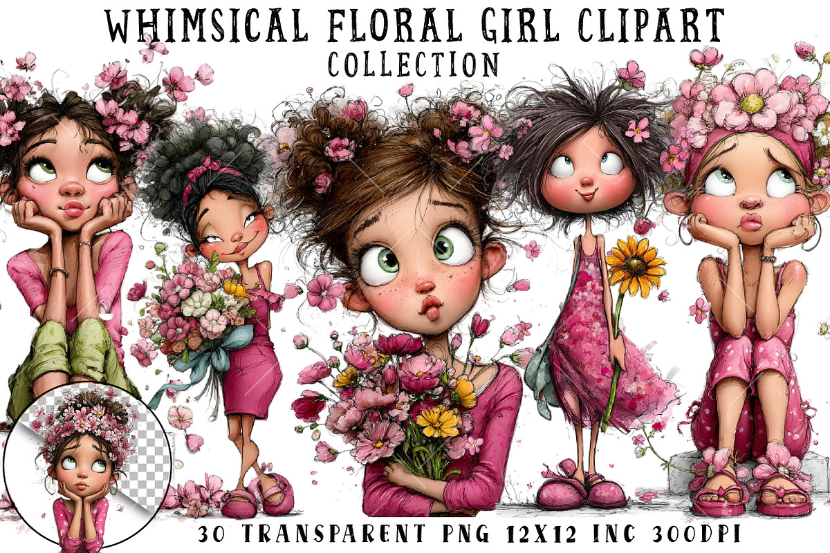 Whimsical Floral Girl Clipart, an Illustration by OK Design (Photo 1 of 6)
