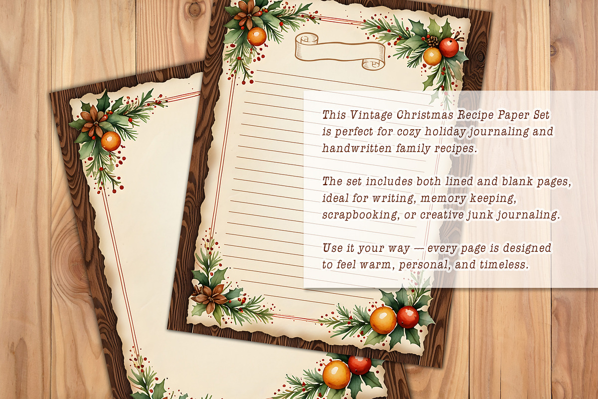 Vintage Christmas Recipe Pages Set, a Stationery Template by V Design Creator (Photo 2 of 9)