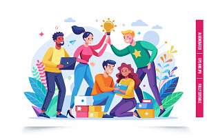 A diverse group of five people, incl, an Illustration by Tanuart