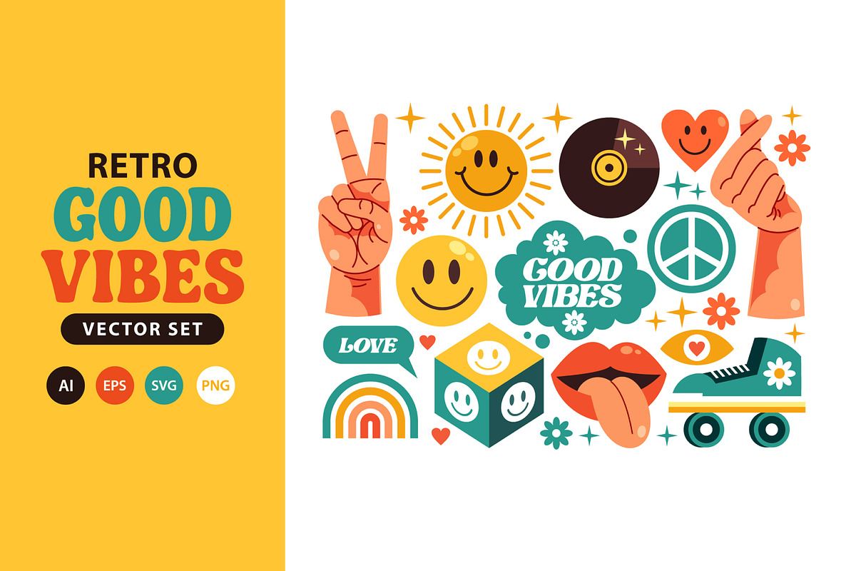 Retro Good Vibes Groovy Sticker Set, an Object Illustration by KAZ by IanMikraz Studio (Photo 1 of 3)