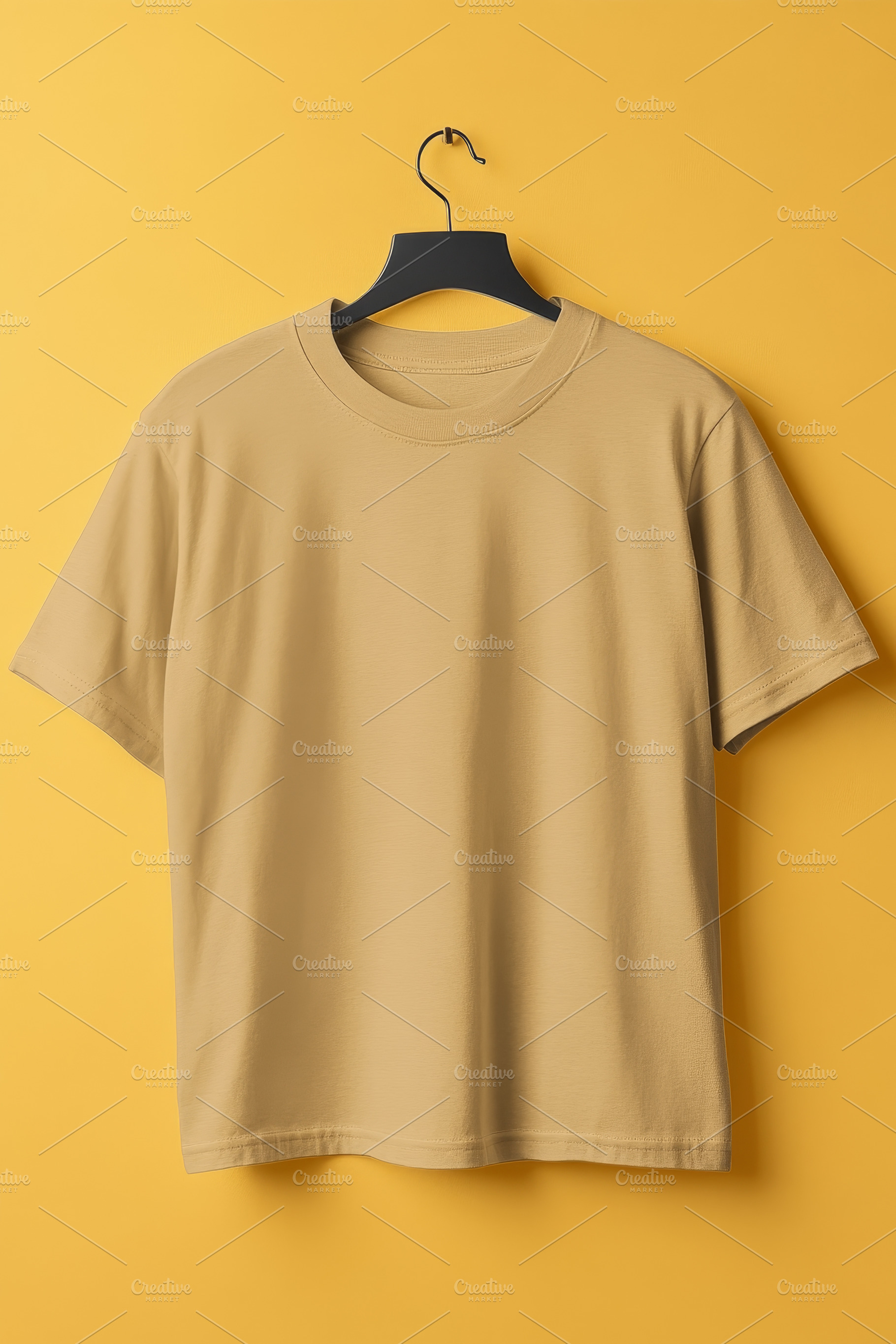 Beige T-shirt on Hanger Against Yellow Background, an Abstract Photo by Natalia Klenova's Shop