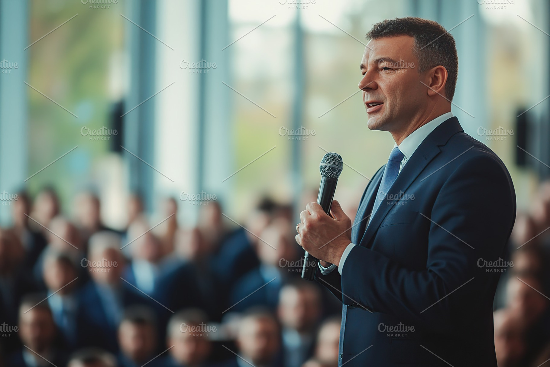 A politician in a suit addresses a gathering of people in a contemporary venue, a Photo by AlyaAnd