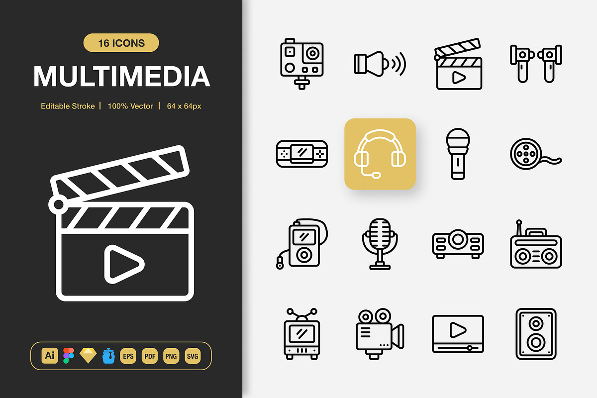 Multimedia Icons, an Outline Icon by Spacepixel Creative