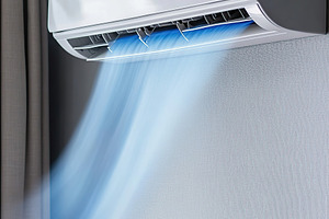 Air conditioner delivering cool air on a grey wall in a modern l, a Photo by AlyaAnd