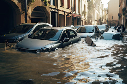 Flooding in an european city, with washed out street, destroyed cars floating i