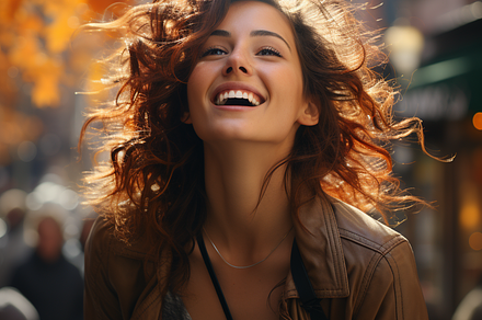 Young woman laughing in the street