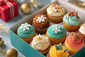 Festive cupcakes decorated for christmas holiday in gift box, a Food & Drink Photo by AlyaAnd