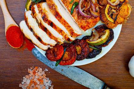 roasted grilled BBQ chicken breast with herbs and spices, a Food & Drink Photo by keko64