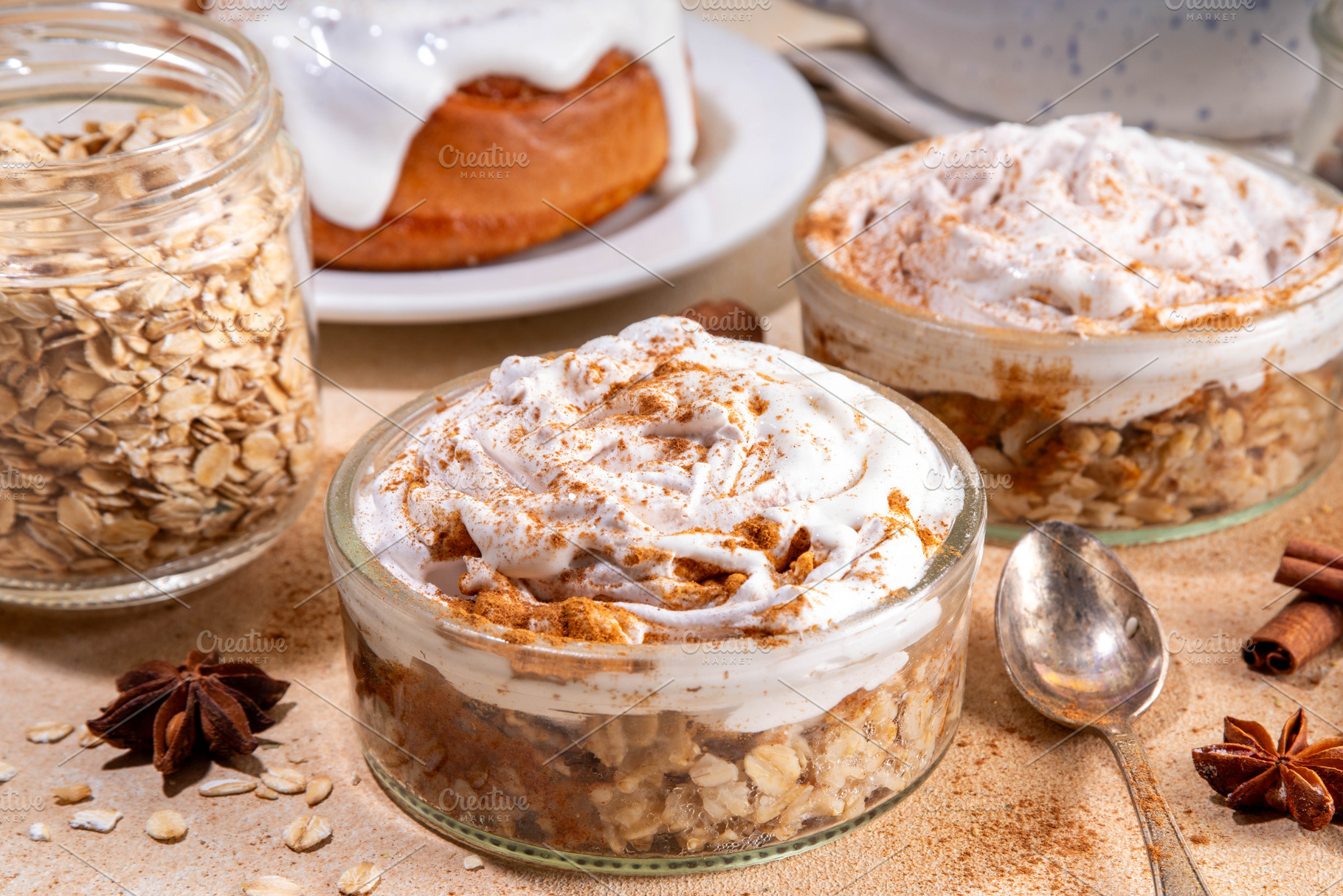 Delicious layered cinnamon roll overnight oatmeal, a Food & Drink Photo by Rimma