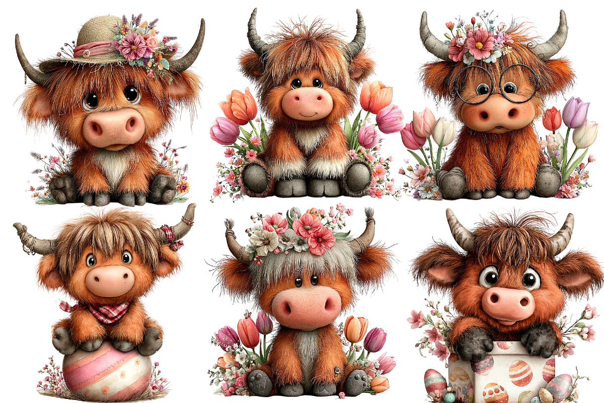 whimsical easter highland cow clipar, an Illustration by Designworld (Photo 2 of 3)