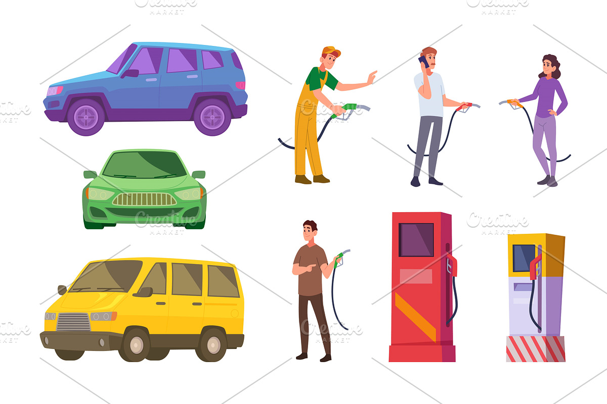 Gas station. Drivers fill up car, a Transportation Illustration by Onyx
