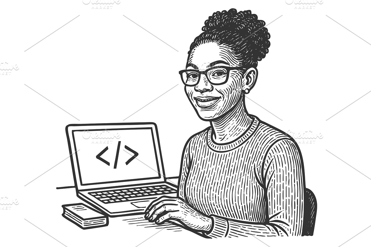 Female Coder Laptop engraving vector, a Technology Illustration by AlexArt