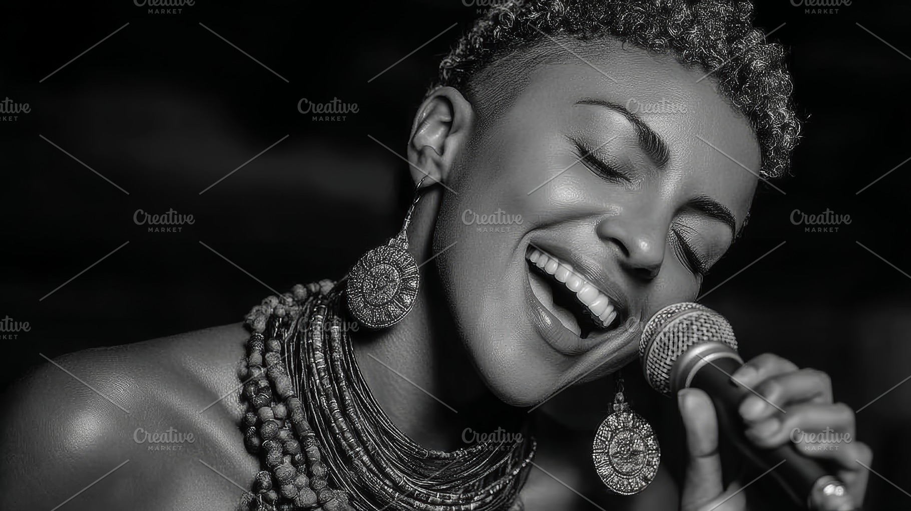 Black and white close-up of african american singer passionately performing on, a Photo by AS photostudio