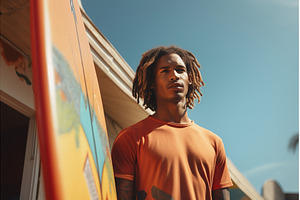 African male surfer with a surfboard, a Person Photo by Lermont51