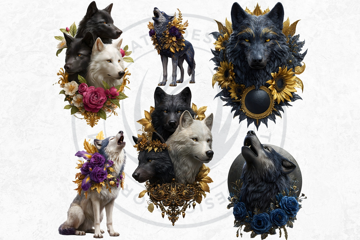 Floral Wolves Fantasy Cliparts, an Animal Illustration by ThatsDesignArt (Photo 4 of 17)