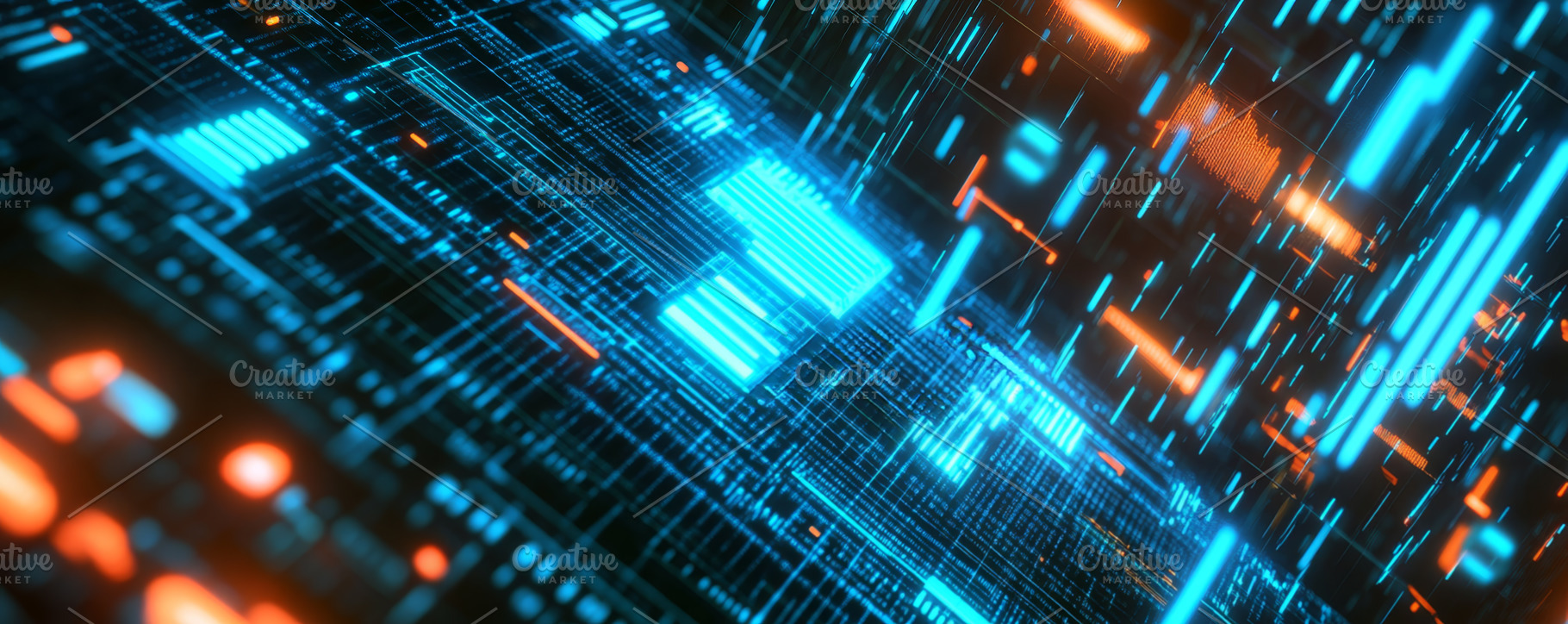 Futuristic digital circuit board with blue and orange lights, an Abstract Photo by Natalia Klenova's Shop
